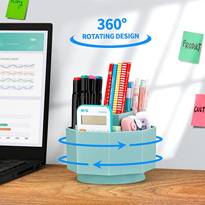 LETURE Desk Organizer, 360-Degree Rotating Pen Pencil Holder, 5 Compartments Desktop Stationary Organizer, Home Office Art Supply Storage Box Caddy (BLUE)