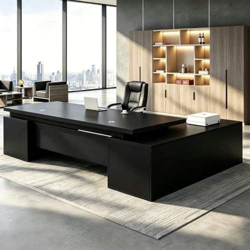 Executive Desk, L Shaped Executive Office Desk with Locking Drawer & File Cabinet, 1'' Thick Desktop, Large Office Desk with Storage, Modern Executive Computer Workstation for Home Office & Business - color: G1, size: W 55.1*D 23.6*H 29.5"