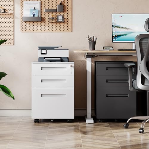 DEVAISE 3 Drawer File Cabinet with Lock, Fully Assembled Except Casters | Under Desk Metal Filing Cabinet with Wheels for Home Office, Printer Stand fits Letter/Legal/A4 Size, White - color: White, size: Thickened Steel 20" D x 15" W x 24" H