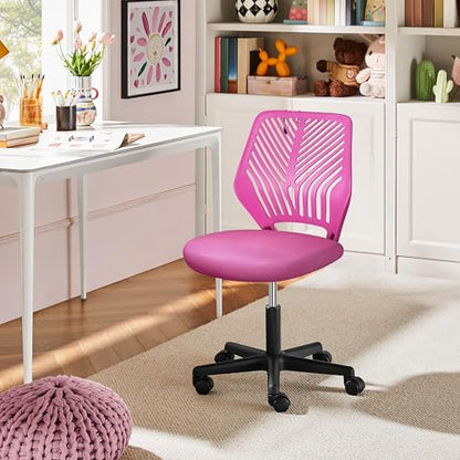 Yaheetech Small Desk Chair, Armless Adjustable Swivel Seat, Rose Red | Padded mesh seat and ventilated resin back, compact armless frame rolls and adjusts for study and small desks, holds 300 lb. - color: Rose Red