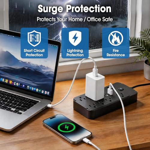 6 Feet Surge Protector Power Strip, 8 AC Outlets and 4 USB Ports (2 USB C), 1430W/11.5A, Flat Plug Extension Cord Outlet Extender for Office, Home, Black