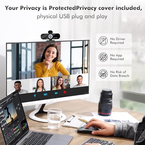 Gozvrpus USB HD Webcam with Built-in Microphone and Rotatable Tripod, 1080P Video, Wide Angle Camera, Privacy Cover, for Desktop PC or Laptop Computer （Grey）