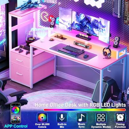 Aheaplus Gaming Desk with LED Strip & Power Outlet, 59Inch Reversible Computer Desk with Monitor Stand & Storage Shelves, Home Office Desks with Fabric File Drawer, Gamer Table PC Desk, Pink - color: Pink