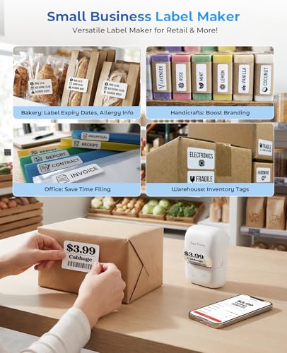 Label Maker, A421 Bluetooth Label Thermal Printer for Small Business & Home | Inkless Printer for Barcode, Address, Office, Compatible with iOS & Android, with 1 Label - color: White