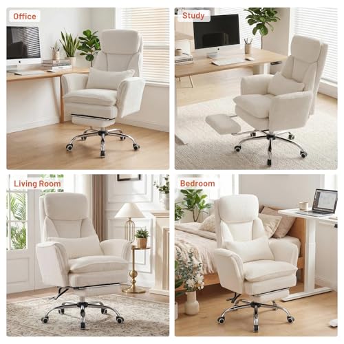 Criss Cross Office Chair with Armrests & Wheels, Big and Tall Office Chair with Footrest, Flip Armrests for Pets, Wide Seat Cross Legged Desk Chair, Ergonomic Computer Chair, Teddy, White - color: White