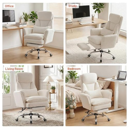 Criss Cross Office Chair with Armrests & Wheels, Big and Tall Office Chair with Footrest, Flip Armrests for Pets, Wide Seat Cross Legged Desk Chair, Ergonomic Computer Chair, Teddy, White - color: White