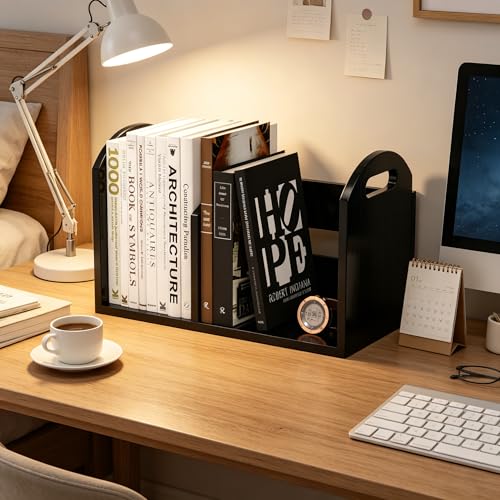 100% Solid Wood Adjustable Desktop Bookshelf, Retro Tabletop Book Shelf File Holder, Vertical Bookshelf Divider Desk Shelf for Home School Office Organization, Perfect for Books Magazine (Black) - color: Black