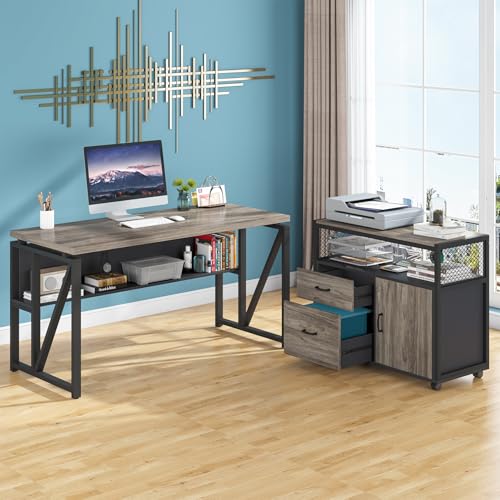 Tribesigns Grey Executive Desk with Cabinet, 55" L Shaped Computer Desk and lateral File Cabinet with Locks, 2 Piece Home Office Furniture Set for Hanging - color: Grey, size: 55 inches