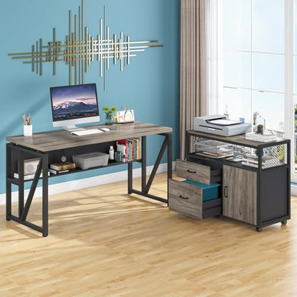 Tribesigns Grey Executive Desk with Cabinet, 55" L Shaped Computer Desk and lateral File Cabinet with Locks, 2 Piece Home Office Furniture Set for Hanging - color: Grey, size: 55 inches
