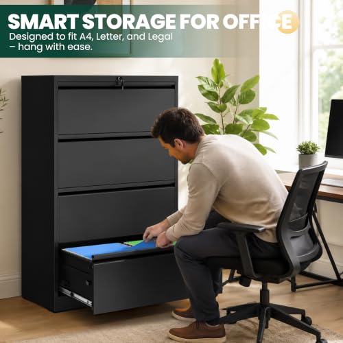 4 Drawer Lateral File Cabinet, Metal Filing Cabinet for Home Office, Black | Heavy-Duty Steel Locking Large File Cabinet, Hanging Letter/Legal/A4 Size, Full-Extension Silent Drawer, Un-Assembly - color: Black, size: 4 Drawers (35.43 in Width)