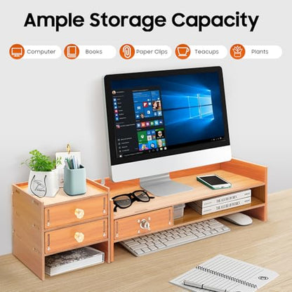 Wood Monitor Stand With Drawers,Desk Organizer With Lockable Drawer & Phone Holder, Computer Monitor Riser Stand With Storage Shelf,Multi-Purpose Desktop Storage Stand For Computer, Laptop, Printer