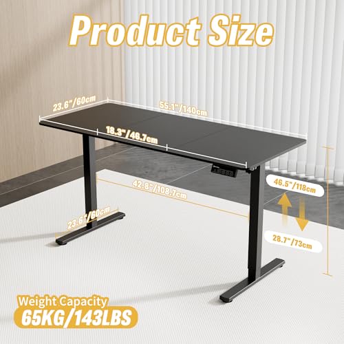 55"x24" Standing Desk, Height Adjustable Sit-Stand Home Office, Black | Electric Adjustable Standing Desk, Sit to Stand Computer Office Desk with Splice Board, Memory Preset, Lifts 28.7''-46.5" - color: Black, size: 55 inch