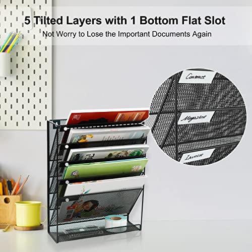 EasyPAG 5 Tier Wall File Holder, Mesh Hanging Folder Organizer with Classify Label, Versatile Desk File Holder, Vertical Wall Mounted Mail Organizer for Office Home Cubicle, Black - color: Black