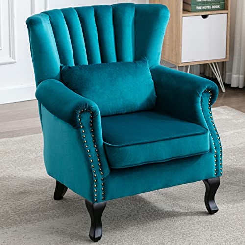 LZAREAL Accent Reading Arm Chairs Midcentury Modern Comfy Corner Sofa Chair, Wingback Waiting Room Club Chair with Tufted Back for Living Room/Bedroom/Reception Room, Velvet Teal - color: Teal, size: 1 Chair