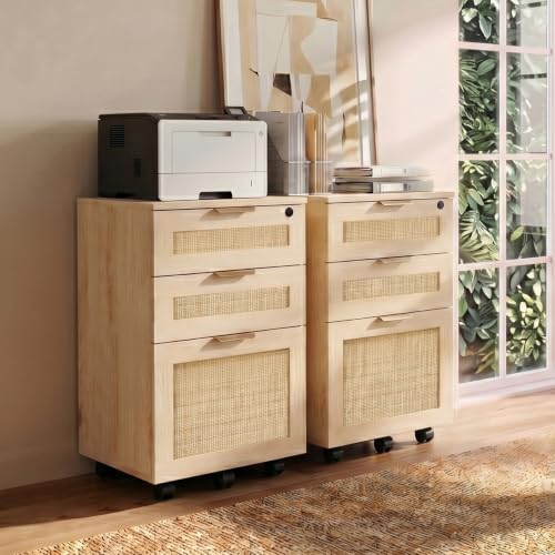 HOPUBUY 3 Drawer File Cabinet with Lock, Small Rattan - color: Natural, size: 15.8″Dx31.6″WX25.6″H