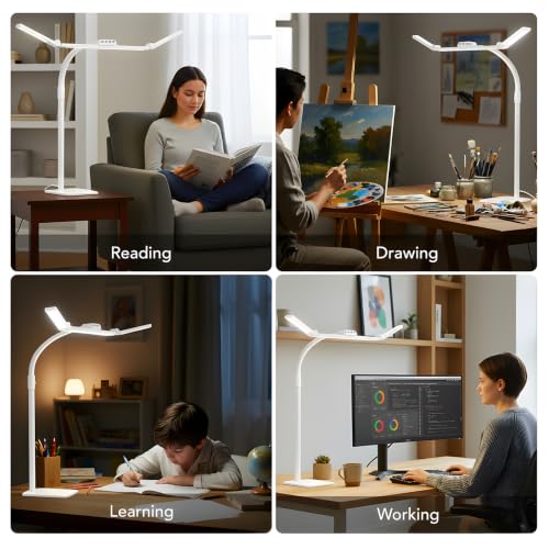 LED Desk Lamp for Home Office with Base, 28.2" Adjustable Gooseneck Swing Arm Bright Desk Light, Dimmable Architect Table Lamp for Desktop Computer Light, Reading, Study, Workbench（White） - color: White
