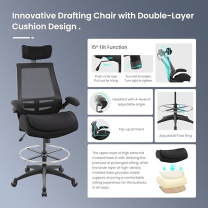 BOLISS Big and Tall Drafting Chair 400lbs High Back Dual Seat Cushion - color: Black, size: BLS-2818HDS