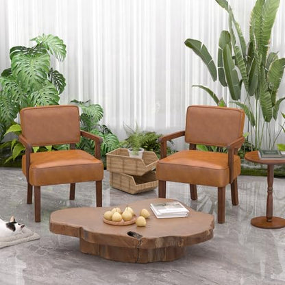FAGAGA Accent Chairs Set of 2, 2 Solid Wood Armchairs with Side Table | Faux Leather Chair with Soft Thicken Cushion, Comfy Reading Chair for Bedroom, Waiting Room, Home Office, Easy Assembly - color: Faux Leather Brown, size: Set of 2 with table