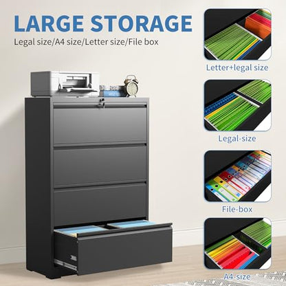 4 Drawer File Cabinet with Lock, Metal Lateral Filing Cabinets - color: Black, size: 4 Drawer_ 35"W