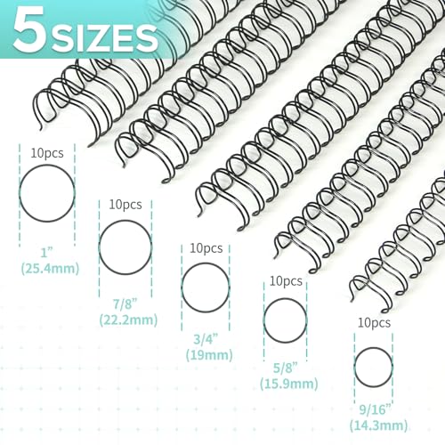 Rayson Wire Binding Spines, 2:1 Pitch, 21-Loop Black, Mixed Sizes, 50 Pack | Includes 9/16", 5/8", 3/4", 7/8" and 1" sizes; black 2:1 pitch wires for compatible wire binding machines. - size: Multi-Size 9/16", 5/8", 3/4", 7/8", 1"