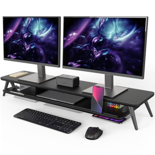 Fenge Dual Monitor Stand, Monitor Stands Riser for 2 monitors, 42.5 Inch Wood Desk Shelf with Storage Organizer and Cable Management for Office Desk Accessories | 42.5-Inch Wide, Sturdy Aluminum Legs, Built-In Phone & Tablet Slot, Desktop Organizer for Of