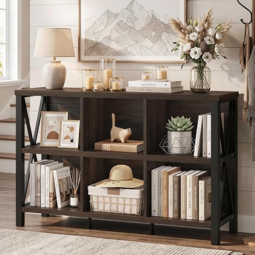 FATORRI 6 Cube Storage Organizer with Shelf, Short Horizontal Bookshelf for Living Room, Wood and Metal Cubby Bookcase, 47 Inch Industrial Low Book Shelf and Book Case (Dark Walnut) - color: Dark Walnut, size: Without Drawer