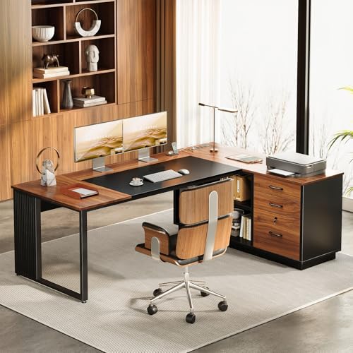 AODK 71 Inch L Shaped Executive Desk with Storage, Walnut+ Black | Computer Desk with 3 Wooden Drawers and File Cabinet, Corner Desk, Outlets, Home Office Computer Workstation - size: 71 Inch