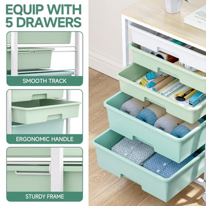 SYKIARIOL Rolling Cart with Drawers,5 Drawers Storage Cart,Light Green - color: Green