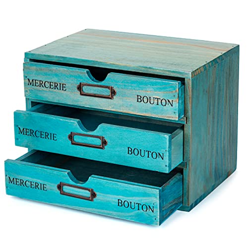 Turquoise 3-Tier Drawer Unit - European Country Style Desk Organizer Box - 9.7x7x7.5" Wooden Teal Stackable Drawers - Countertop Organizer Drawers w/Label Holder - Triple File Drawer Unit - style: 3 Drawer I 7.5"