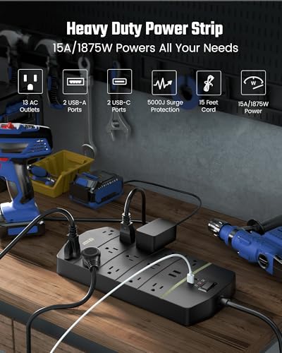 SUPERDANNY Power Strip Surge Protector 5000J, 15FT, 15A, PD 20W, 13 AC - color: Black, size: 15ft