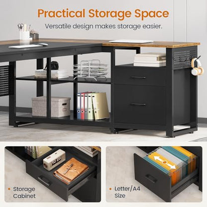 UPOSOJA 71" L Shaped Executive Desk, Office Desk with Storage Drawers - color: Brown, size: 2 Drawers