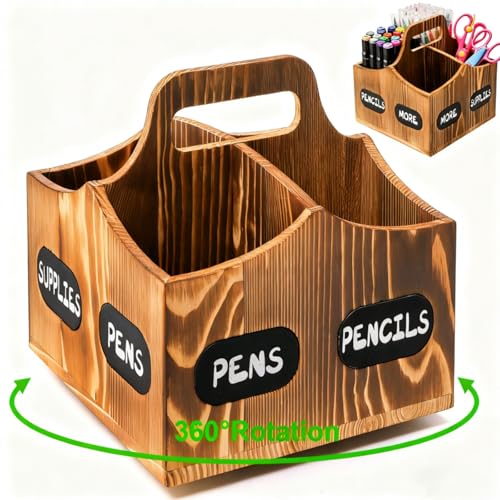 Covzoe 360° Rotating Art Supply Organizer with Handle, 4 Compartment | Wood Pen Pencil Holder, Lazy Susan Desktop Storage Caddy for Paint Brushes, Crayons, Art Studio, School, Office Supplies
