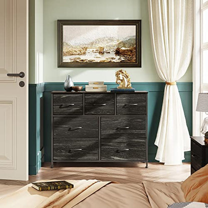 WLIVE 7 Drawer Dresser TV Stand, Entertainment Center, Media Console Table with Metal Frame and Wood Top for TV up to 45 inch, Chest of Drawers for Bedroom, Charcoal Black Wood Grain Print - color: Charcoal Black Wood Grain Print