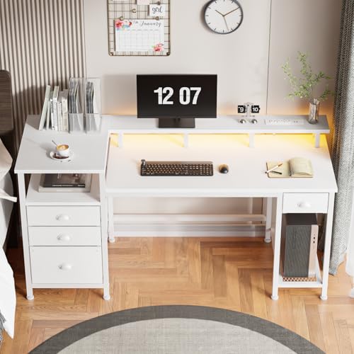 Furologee 60" White Computer Desk with 4 Drawers, Power Outlet, LED Lights - color: White, size: 60 Inch