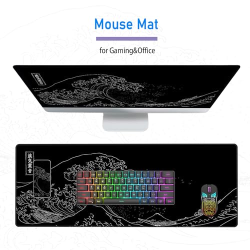 Great Wave Off Kanagawa Desk Mat,Black Gaming Mouse Pad,31.5 x 12 in | Large Extended Japanese Sea Wave Anime Mousemat,XL Minimalist E-sport Soft Micro Woven Cloth PC Keyboard Mat,80x30 cm - color: Sea Wave Y