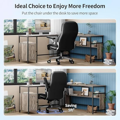 Big and Tall Office Chair with 5D Arms, Fabric & PU Leather Heavy Duty Desk Chair, Adjustable Lumbar Support & Height, Tilt Function, High Back Ergonomic Executive Computer Chair - color: Black