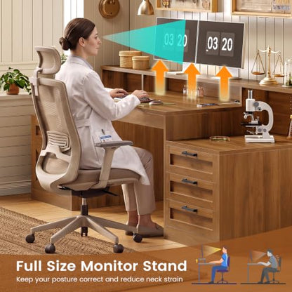 SEDETA 63" Farmhouse Computer Desk with 5 Drawers, Brown | Executive Office Desk with LED Lights & Monitor Stand, Wood Home Office Desk with 2 Printer Stand & Power Outlet - color: Brown, size: Executive Office Desk(63")