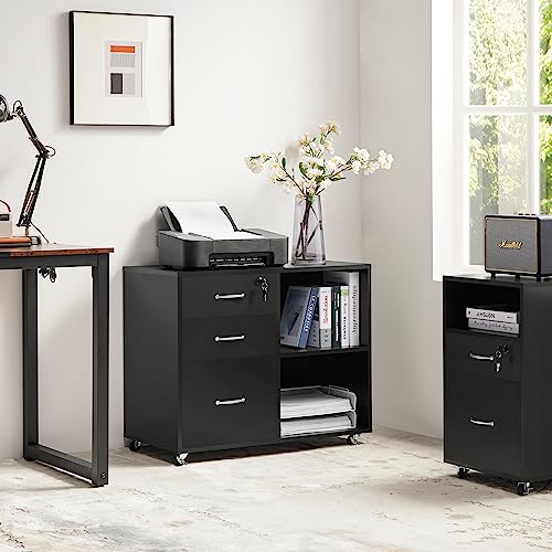 Yaheetech Mobile File Cabinet with Lock, 3-Drawer Printer Stand, Black | Lockable drawer, open shelves, and a printer top organize office files; mobile wood-finish cabinet on wheels, holds 220 lb. - color: Black