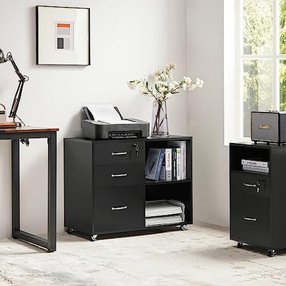 Yaheetech Mobile File Cabinet with Lock, 3-Drawer Printer Stand, Black | Lockable drawer, open shelves, and a printer top organize office files; mobile wood-finish cabinet on wheels, holds 220 lb. - color: Black