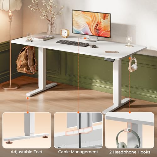 Huuger 63 x 28 Large Electric Standing Desk, Height Adjustable Computer Desk, 27.6" Deep Desktop, Stand up Gaming Office Table with 2 Hooks, 3 Preset Heights, for Home Office, White - color: White, size: 63*28 inch (no outlets)