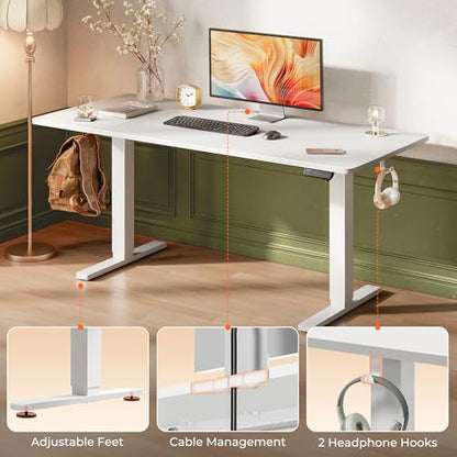 Huuger 63 x 28 Large Electric Standing Desk, Height Adjustable Computer Desk, 27.6" Deep Desktop, Stand up Gaming Office Table with 2 Hooks, 3 Preset Heights, for Home Office, White - color: White, size: 63*28 inch (no outlets)