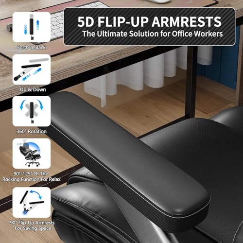 Big and Tall Office Chair with 5D Arms, Fabric & PU Leather Heavy Duty Desk Chair, Adjustable Lumbar Support & Height, Tilt Function, High Back Ergonomic Executive Computer Chair - color: Black