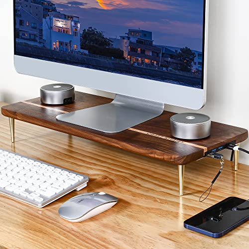 Monitor Stand Wood Riser with 4 USB Ports, Computer Monitor Stand with America Walnut Data Transfer Charging Hub -Compatible with Computer, Mac, PCs, Smartphone, 20.5*8.3in