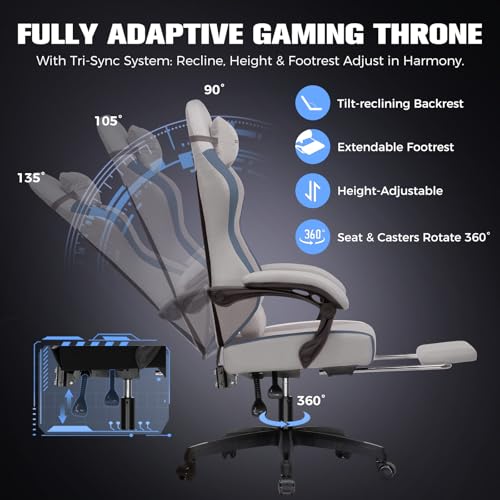 GTPLAYER Gaming Chair, Ergonomic Computer Chair with Footrest and Lumbar Support, High Back Recliner Chair 350lbs, Height Adjustable for Home Office, Grey - color: Grey