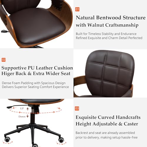 Desk Chair for Small Office, Mid Century Modern Desk Chair, Walnut Finish | Ergonomic Curved Back, Bentwood Frame, Rocking Function & 360° Swivel, Height Adjustable 19"-23", Support Up to 350 lbs - color: Coffee Brown