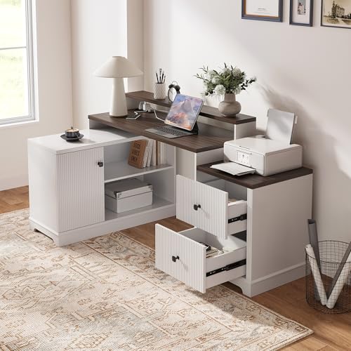 67" Farmhouse L Shaped Desk with Drawers and Printer Stand for Home Office, Computer Desk with Power Outlet, Home Office Desk with Storage Shelves and Monitor Stand, Computer Writing Desk, White