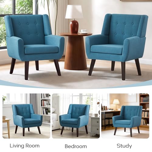 HUIMO Living Room Chairs Set of 2,Upholstered Button Linen Accent Chair | Mid Century Fabric Modern Armchair,Comfy Arm Club Sofa Chairs for Living Room Reading Bedroom,Waiting Room Lake Blue2PCS - color: Lake Blue