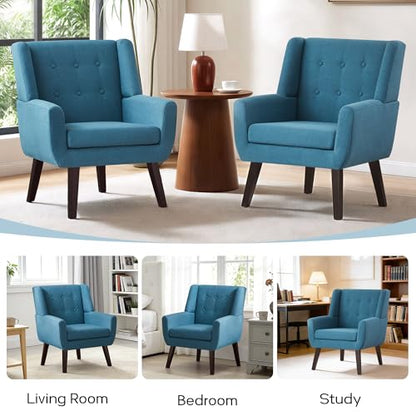 HUIMO Living Room Chairs Set of 2,Upholstered Button Linen Accent Chair | Mid Century Fabric Modern Armchair,Comfy Arm Club Sofa Chairs for Living Room Reading Bedroom,Waiting Room Lake Blue2PCS - color: Lake Blue