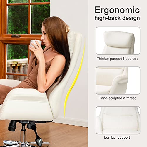 Glitzhome Modern Executive Home High-Back Office Chair - Leather Adjustable Swivel Desk Chair with Armrest(Cream) - color: Cream