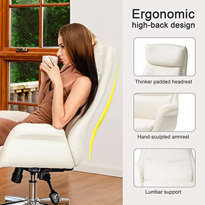 Glitzhome Modern Executive Home High-Back Office Chair - Leather Adjustable Swivel Desk Chair with Armrest(Cream) - color: Cream